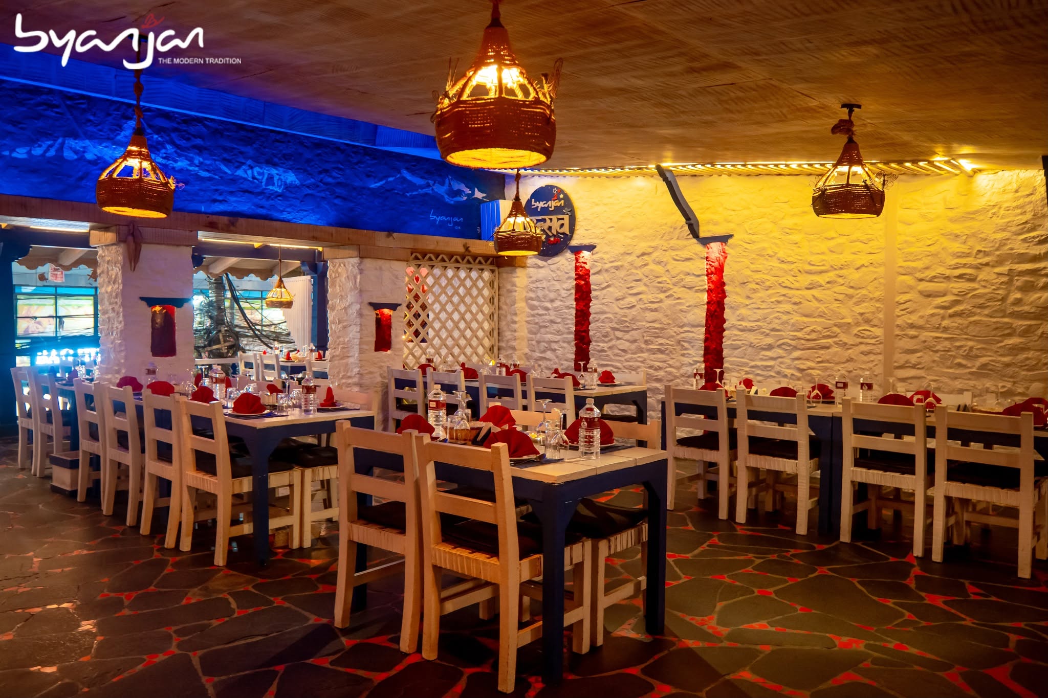 The blue-and-white dining room.