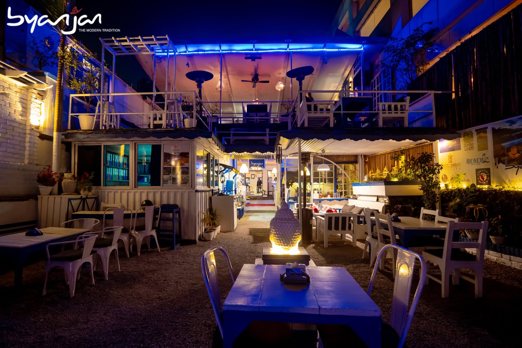 The courtyard after dark.
